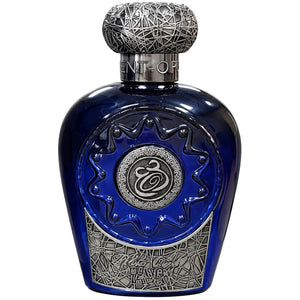 Sticlă albastră de parfum Blue Oud Elixir de la Lattafa, 100 ml, cu design elegant și impunător.