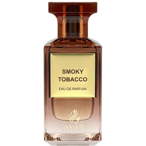 Ayat Smoky Tobacco apa de parfum 80 ml, sticlă maro cu etichetă aurie și ambalaj negru, pe fundal alb.
