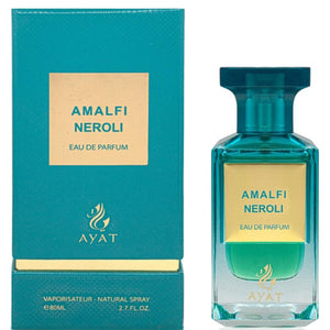 Ayat Amalfi Neroli apa de parfum 80 ml, sticlă turcoaz cu etichetă aurie și ambalaj asortat, pe fundal alb.
