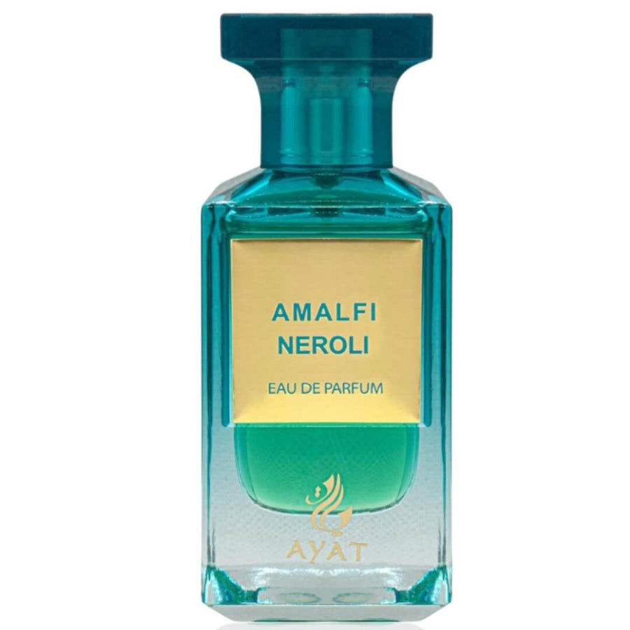 Ayat Amalfi Neroli apa de parfum 80 ml, sticlă turcoaz cu etichetă aurie și ambalaj asortat, pe fundal alb.
