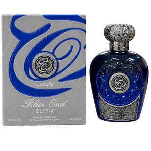 Blue Oud Elixir apa de parfum, sticlă albastru închis prezentată alături de cutia sa, cu capac argintiu texturat și emblemă circulară argintie pe partea frontală.