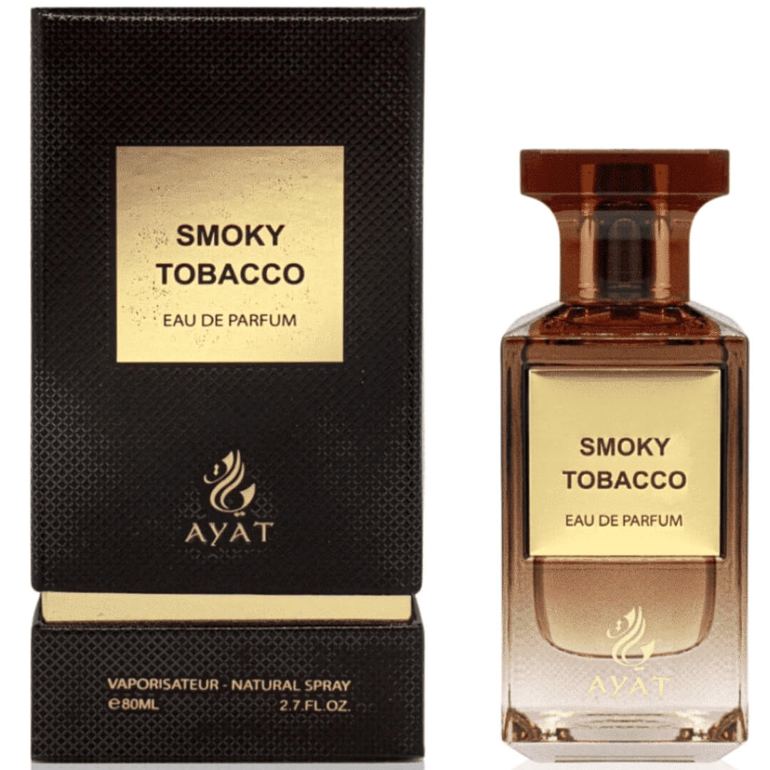 Ayat Smoky Tobacco apa de parfum 80 ml, sticlă maro cu etichetă aurie și ambalaj negru, pe fundal alb.