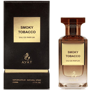 Ayat Smoky Tobacco apa de parfum 80 ml, sticlă maro cu etichetă aurie și ambalaj negru, pe fundal alb.