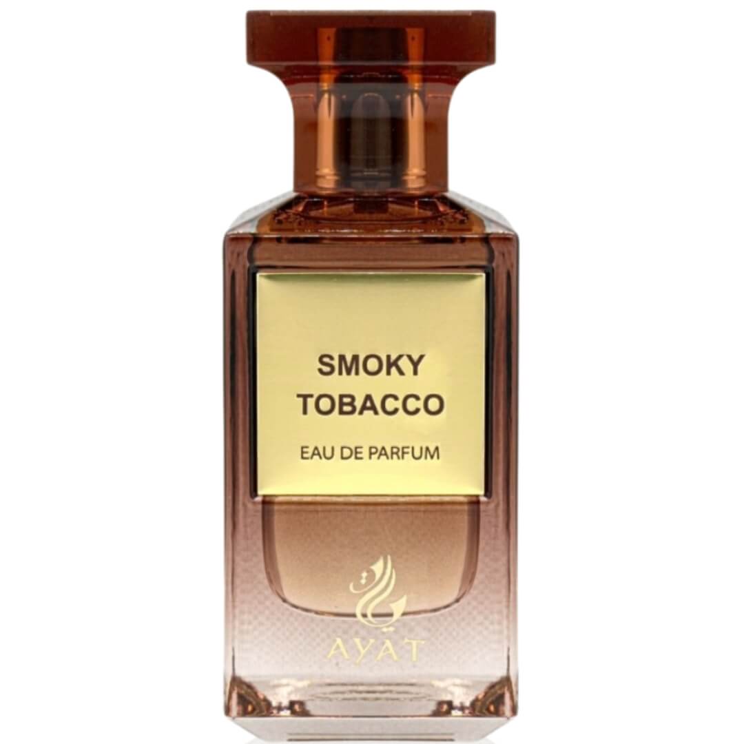 Ayat Smoky Tobacco apa de parfum 80 ml, sticlă maro cu etichetă aurie și ambalaj negru, pe fundal alb.