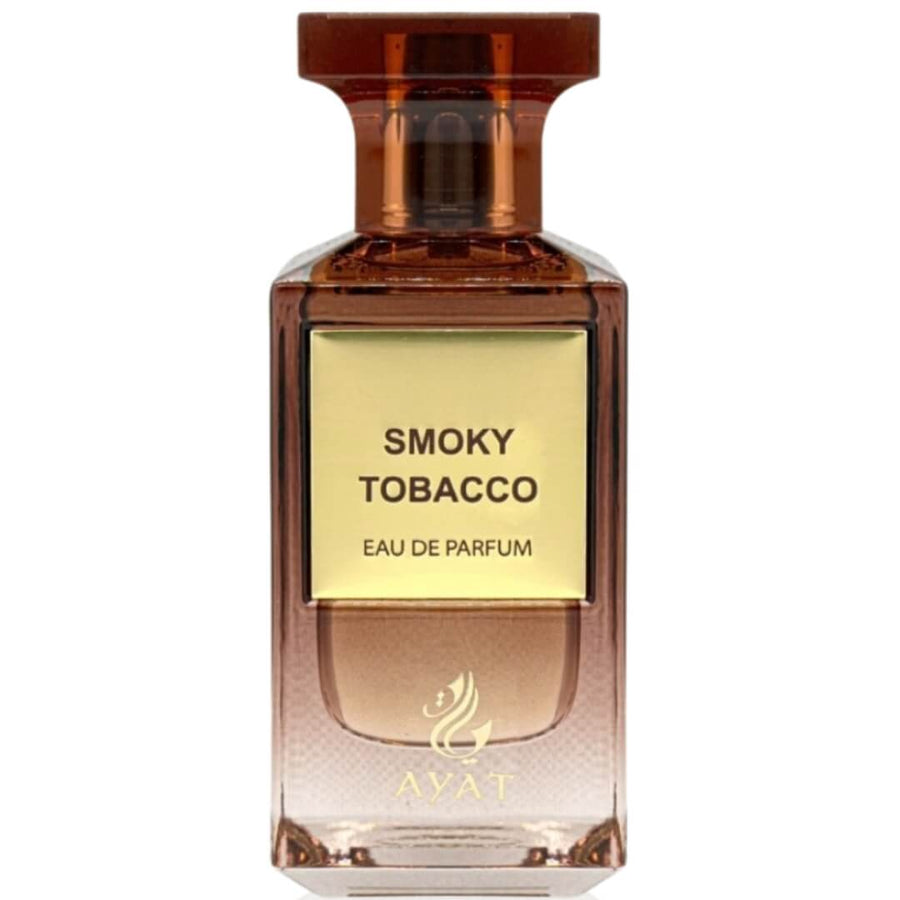 Ayat Smoky Tobacco apa de parfum 80 ml, sticlă maro cu etichetă aurie și ambalaj negru, pe fundal alb.